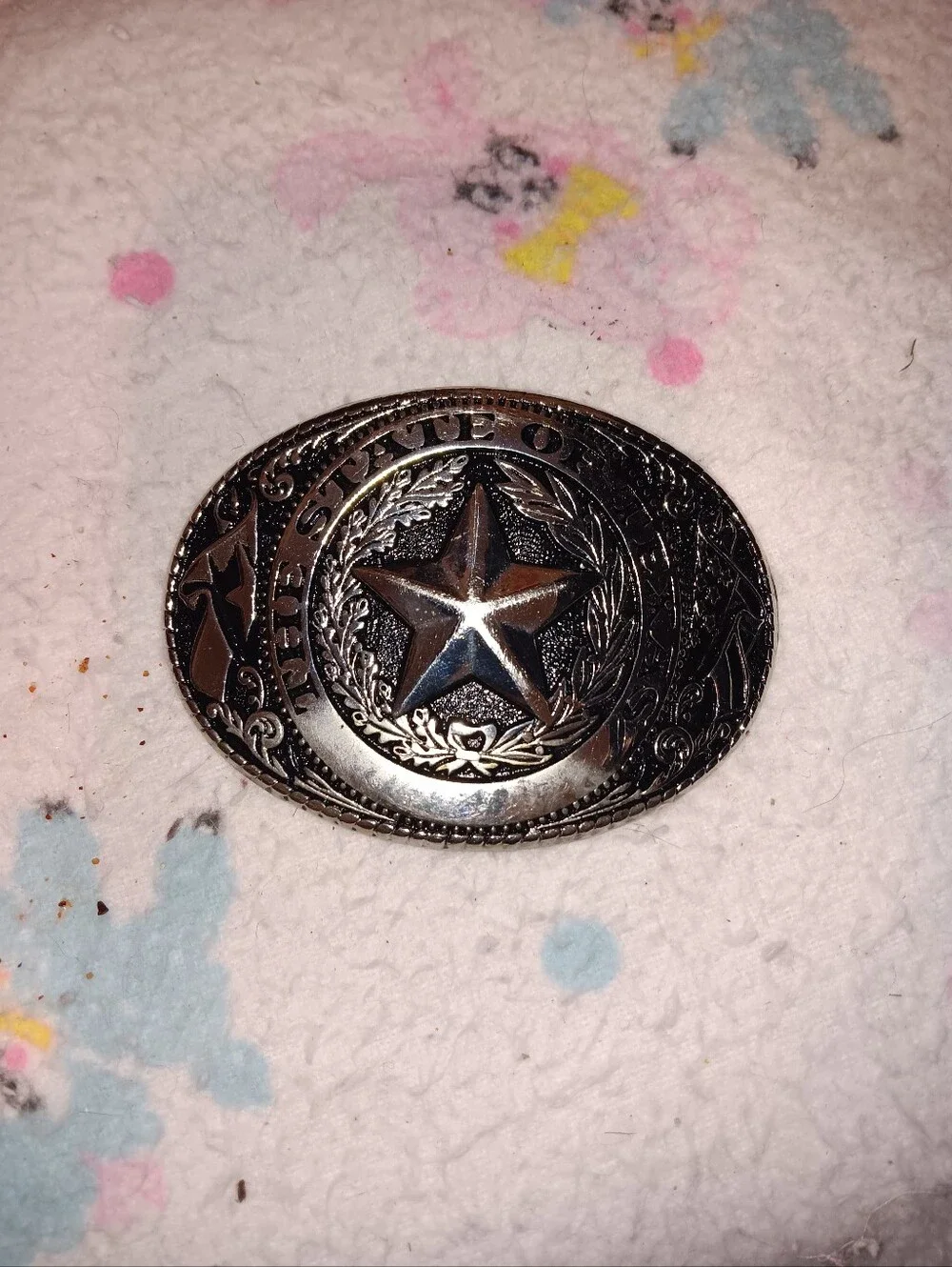 STATE of TEXAS Western Star Oval Silver Belt Buckle